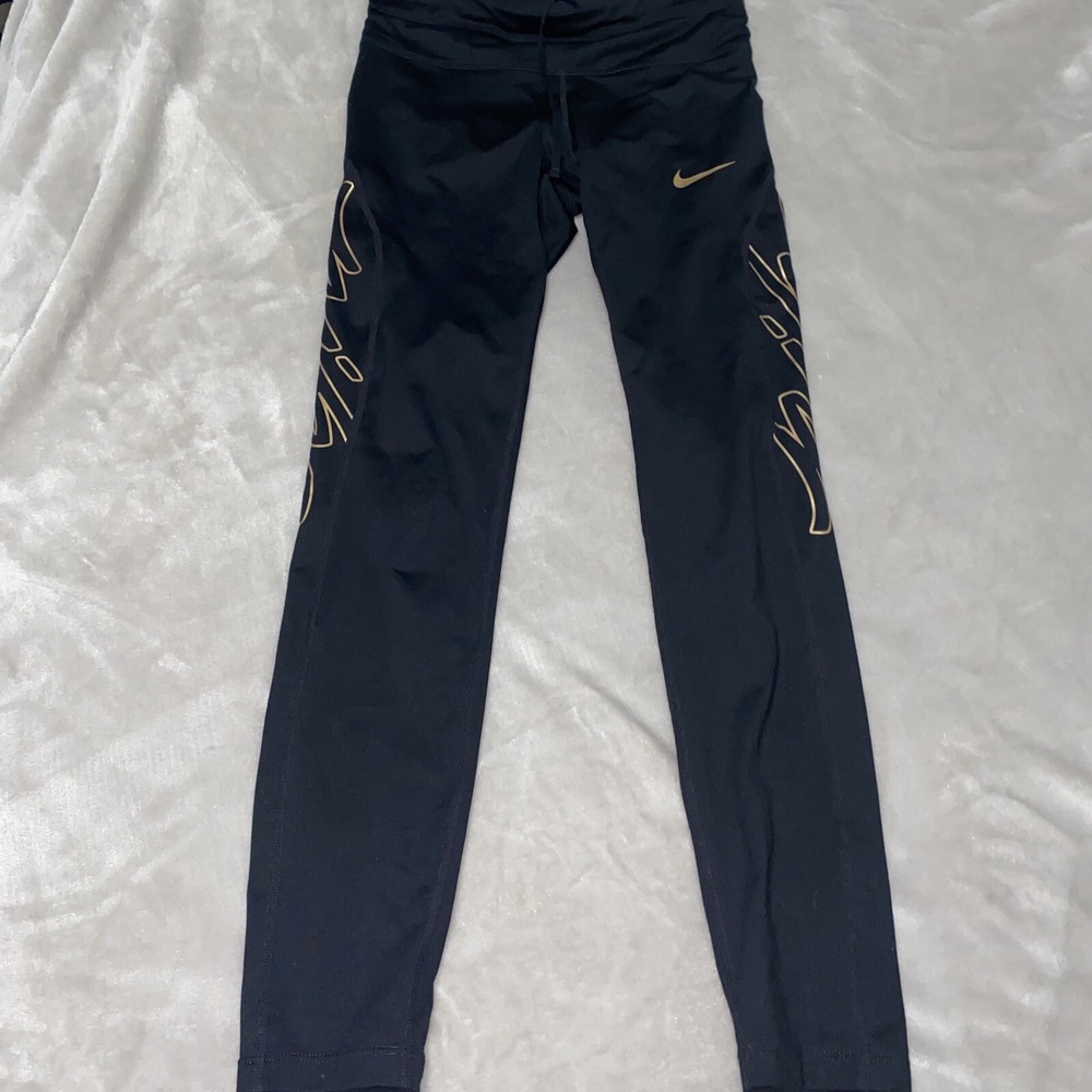 Nike Dri-Fit Womens Leggings Pants Black Gold Stretch Pull On Spell Out S