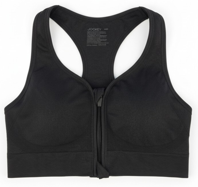 Jockey Mid Impact Sports Bra Women's M Black Zip Front Seam Free Racerback