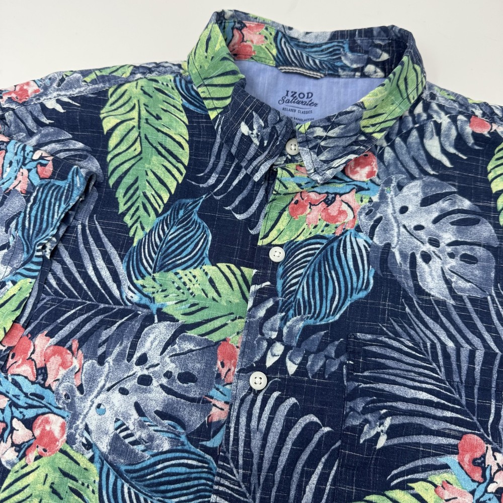 Izod Saltwater Shirt Mens 2XL Blue Tropical Hawaiian Short Sleeve Button Front