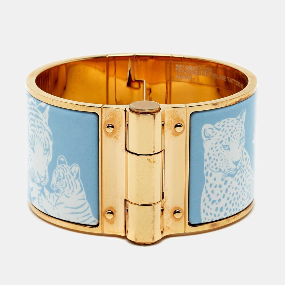 Hermes Tendresse Feline Tattoo Enamel Gold Plated Wide Hinged Bangle Bracelet