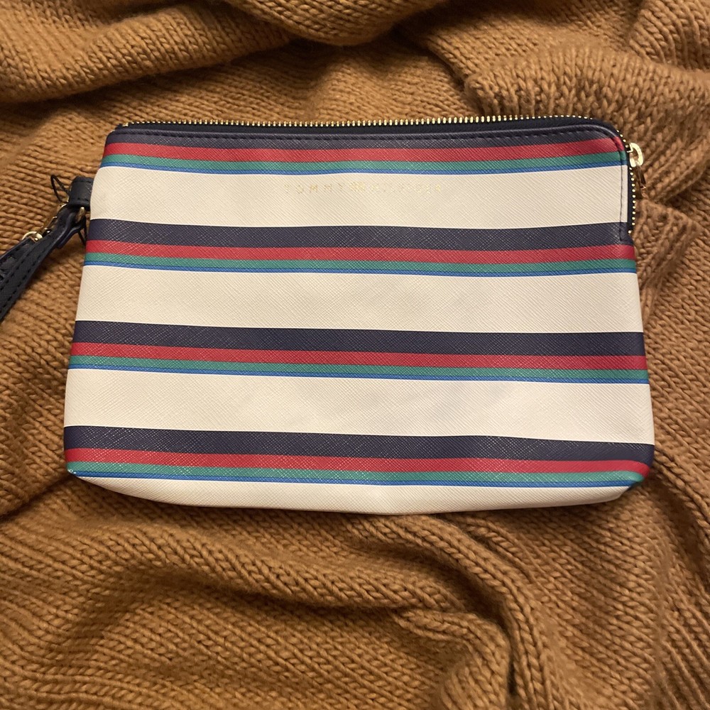 Tommy Hilfiger Striped Wristlet Clutch with Dual Zipper Compartments