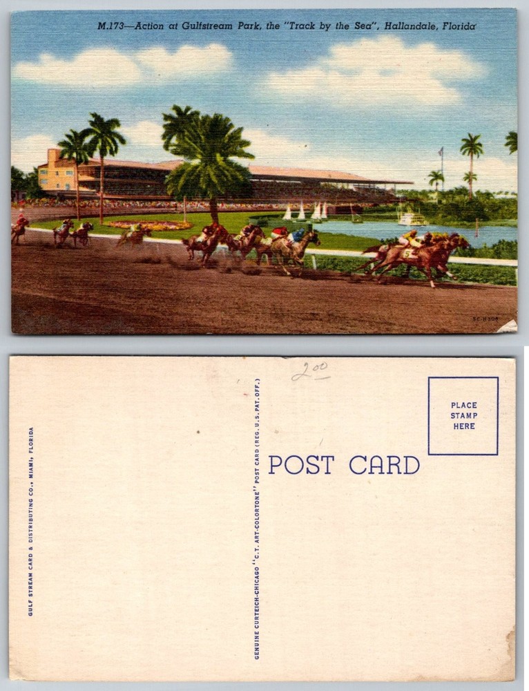 Vintage Gulfstream Park Hallandale Florida Horse Racing Linen Postcard