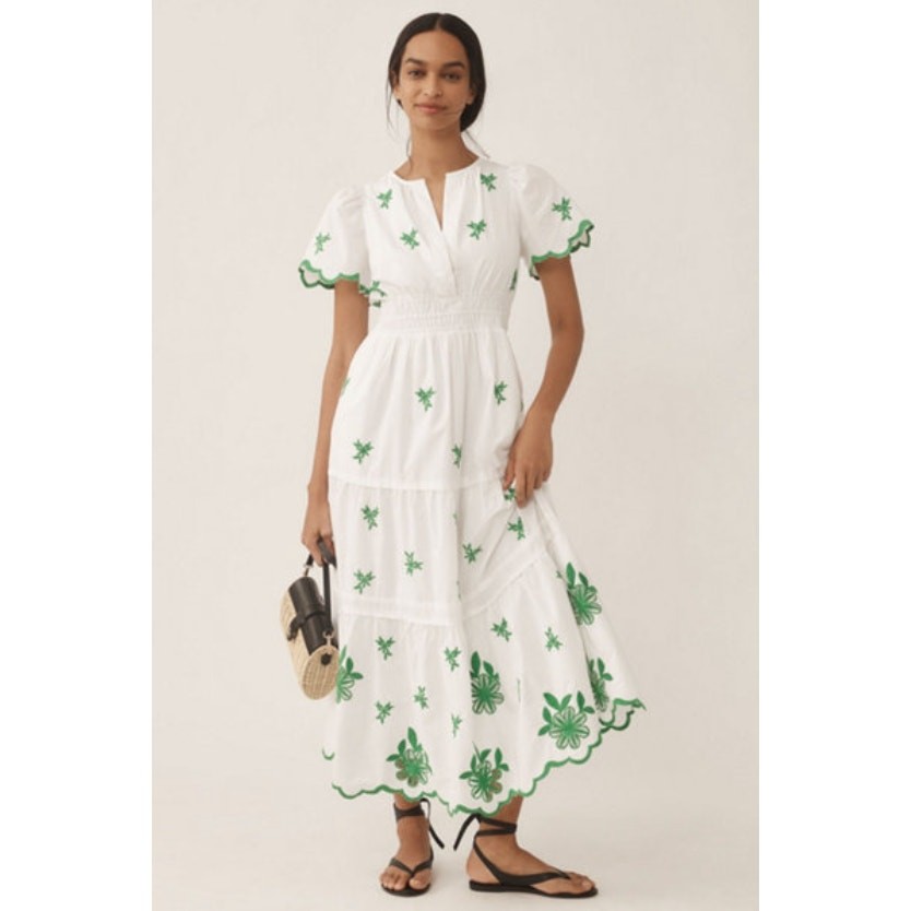 Women's Anthropologie The Somerset Maxi Dress Eyelet Tiered Smocked Green sz 2X
