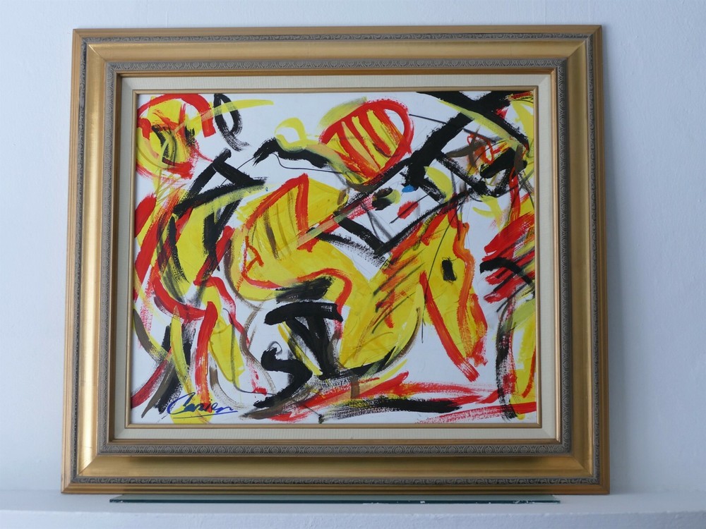 Modern art abstract acrylic painted gallery finish with frame gold ready to hang-image