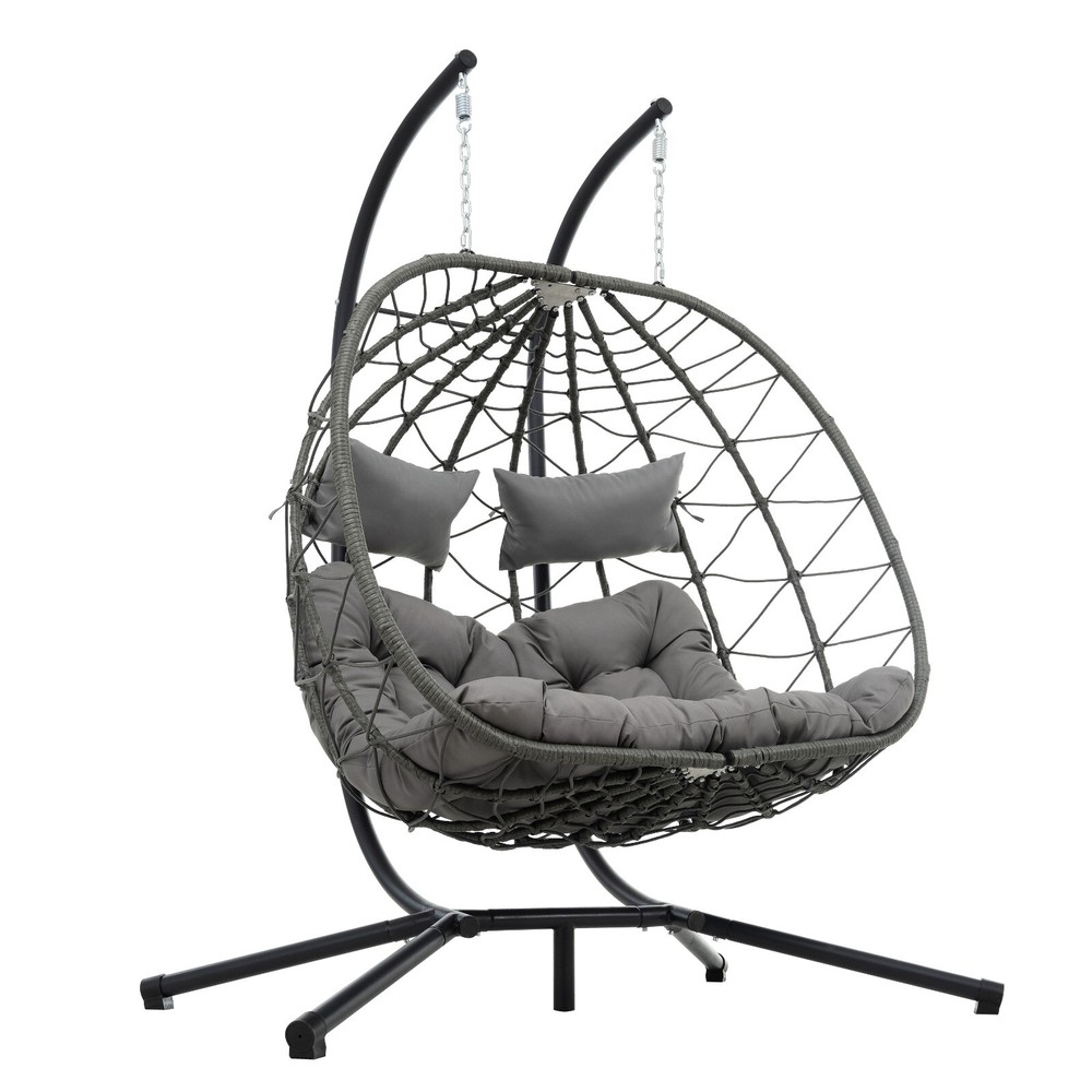 2 Person Rattan Egg Hanging Chair Patio Outdoor Indoor Wicker Swing with Stand
