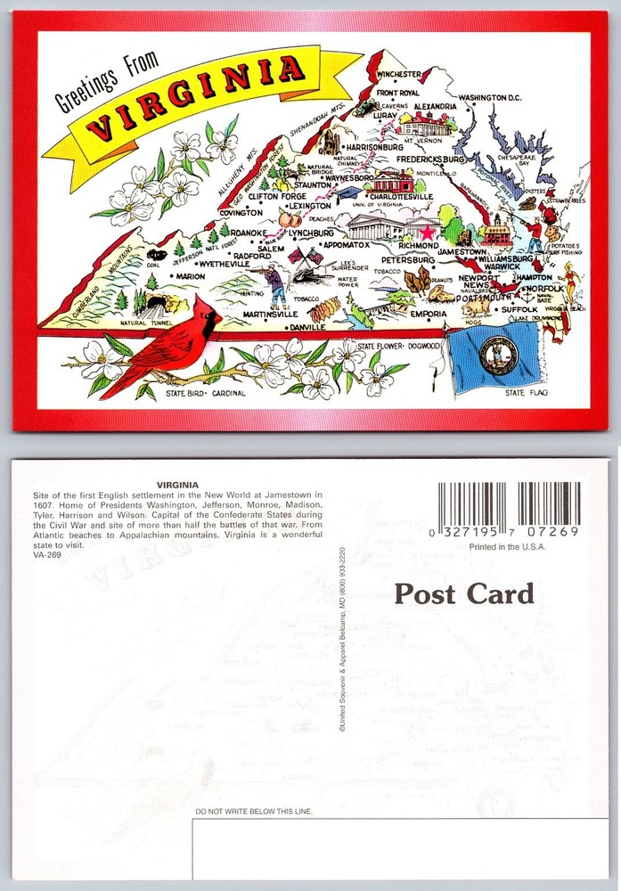Greetings From Virginia Postcard Pictorial Map Cardinal Dogwood State Flag