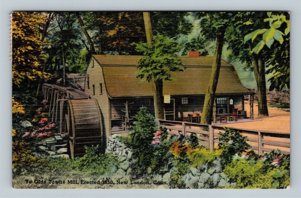 New London CT-Connecticut Historic Old Town Mill Waterwheel Linen c1952 Postcard