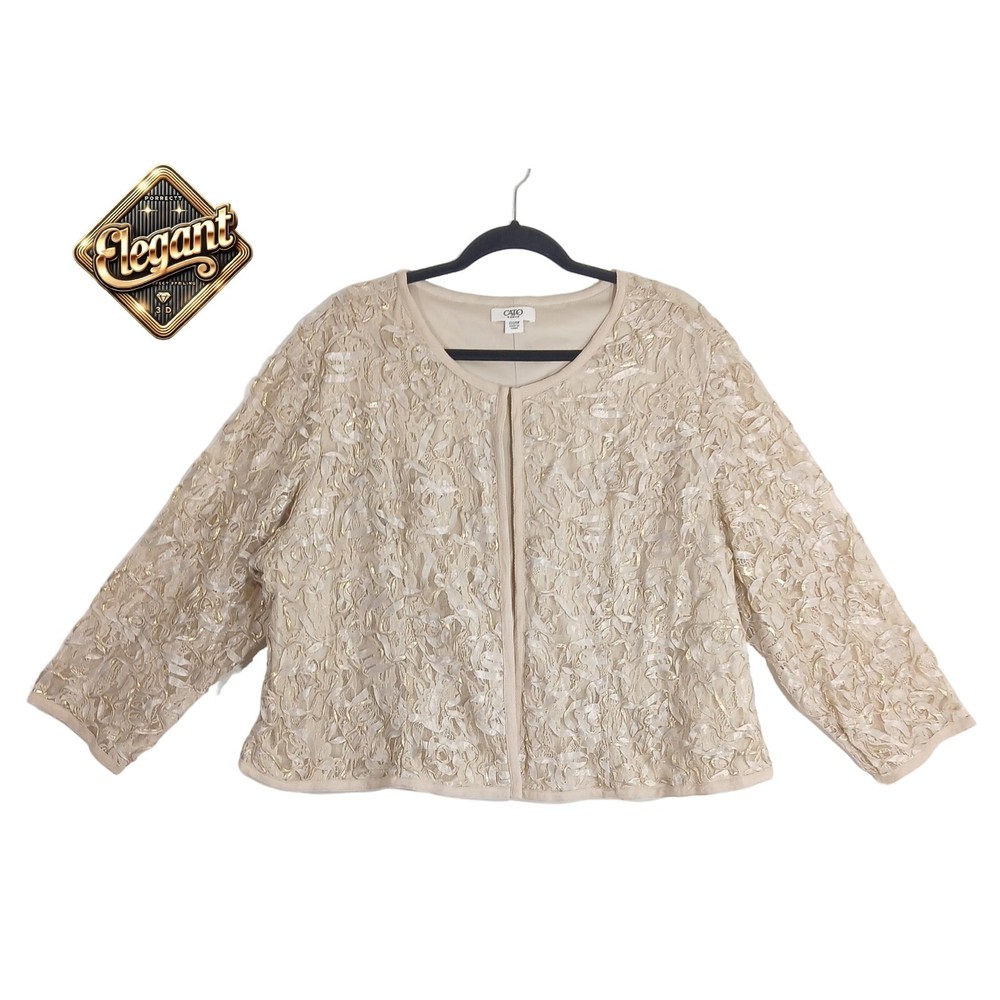 Cato Woman 22/24W Beige Lace Jacket Plus Size 3/4 Sleeve Evening Cardigan ✨
