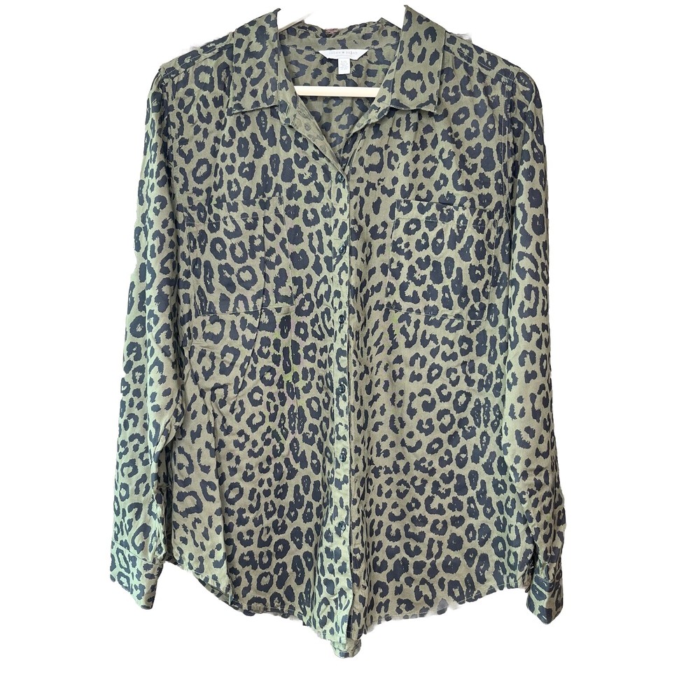 Lucky Brand Womens Top Green Black Size Large Button Up Animal Print Long Sleeve