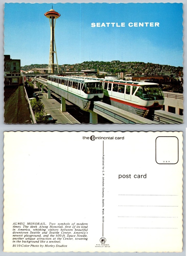 Seattle Center Space Needle Monorail Alweg Train Postcard 1960s Chrome