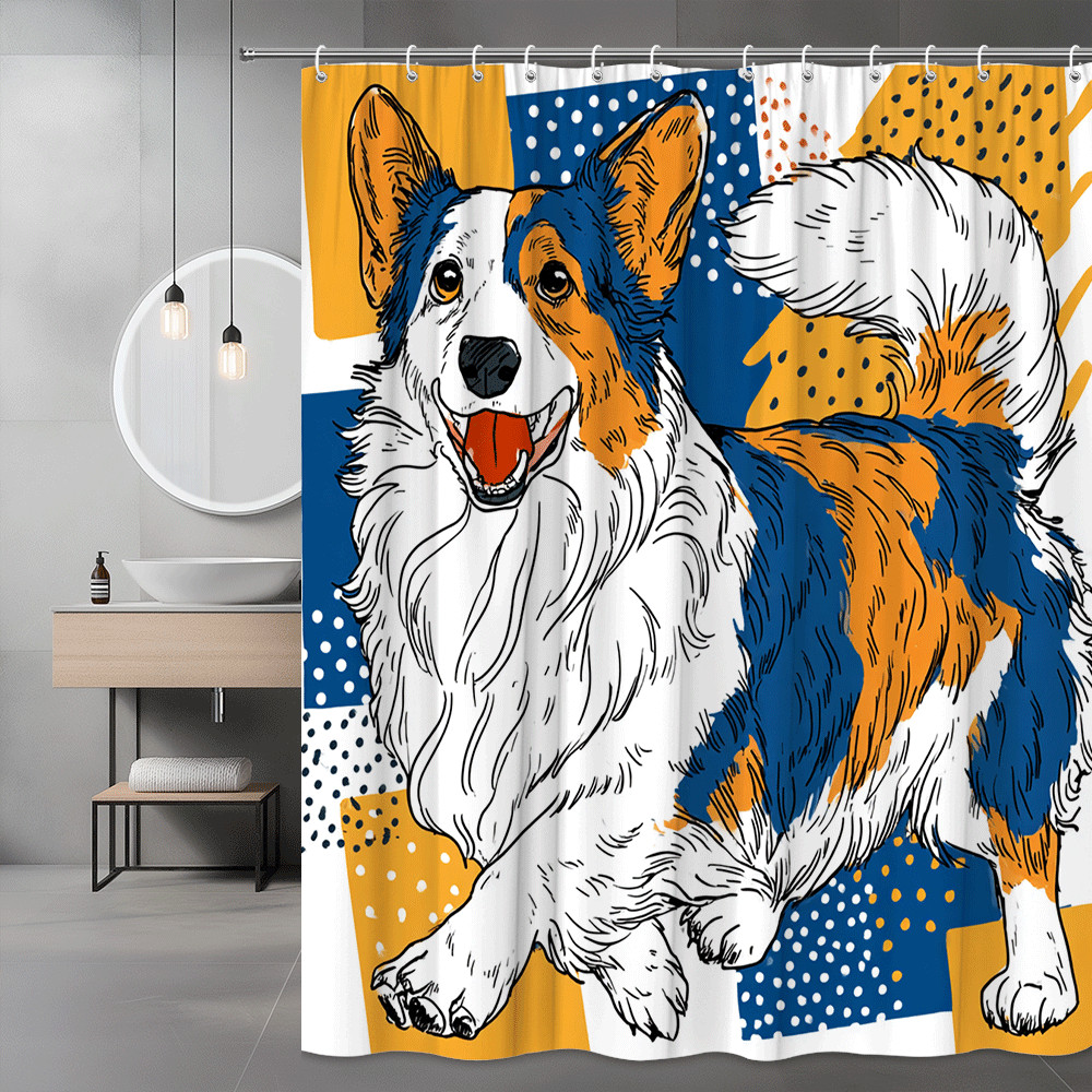 Corgi Shower Curtain Blue Orange Dog Graphic Print