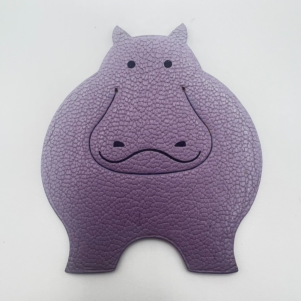 HERMES Leather Bookmark Pikabook Hippo Purple 7×6cm