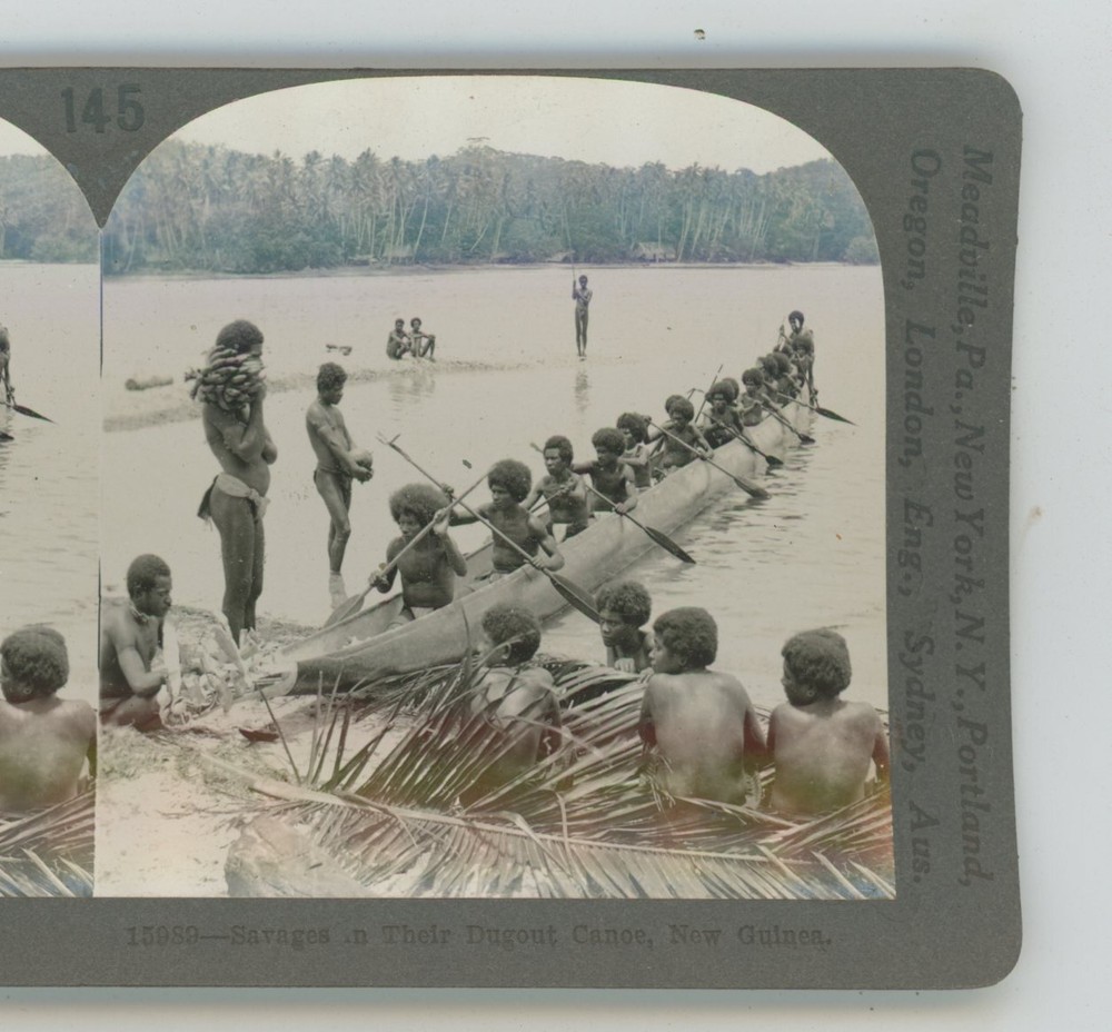 Savages in Dugout Canoe New Guinea Keystone Stereoview