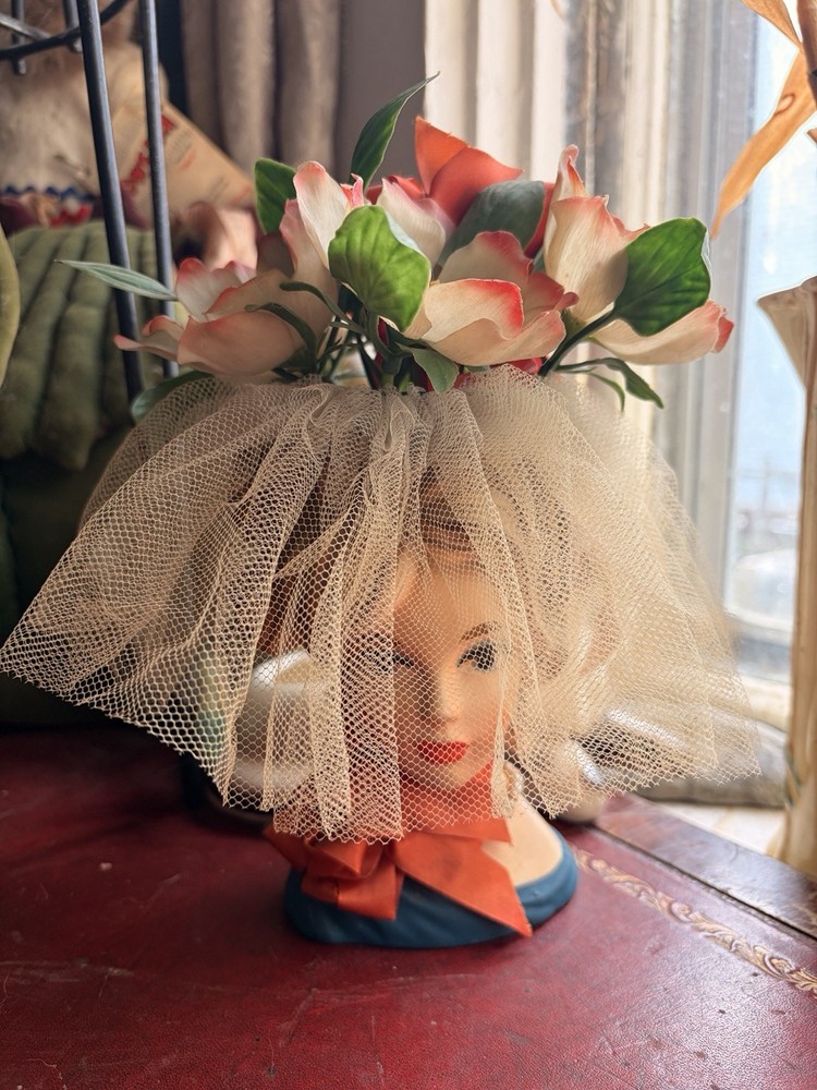 Napco Vintage Lady Head Vase C7293 Blue Dress Pearl Earrings Japan 1950s 60s