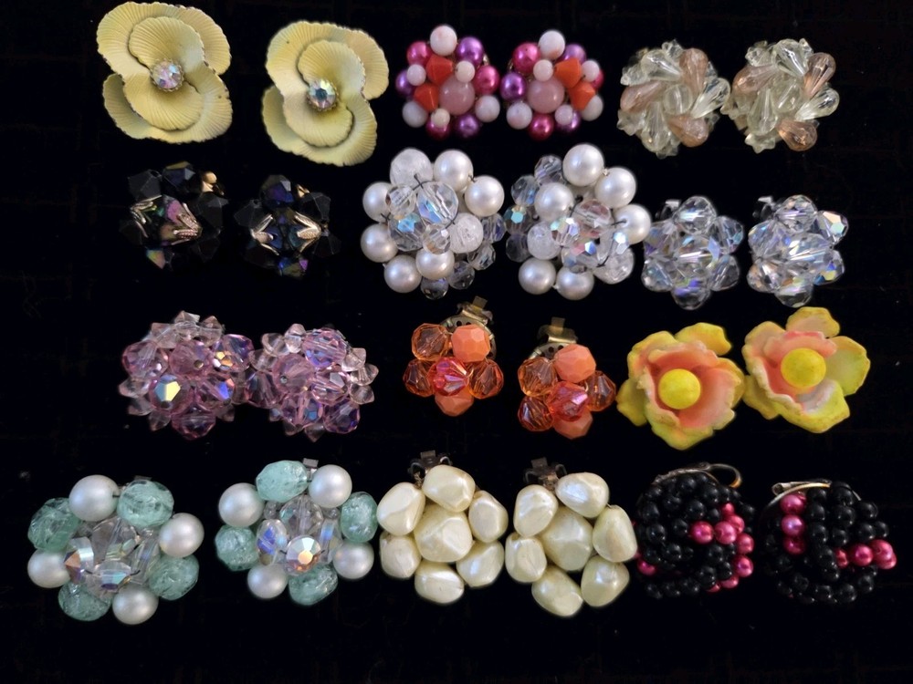 Vintage Earrings Lot QUALITY Clip On Glass, Lucite Crystal Cluster Bead Floral