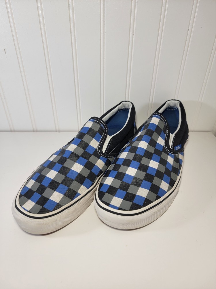 VANS Classic Slip-On Men’s US 8.5 Black/Grey/Blue Checkerboard Canvas Shoes