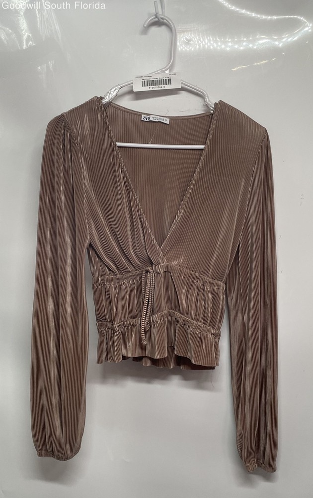 Zara Womens Brown Long Sleeve Ribbed Pullover Blouse Top Size Small