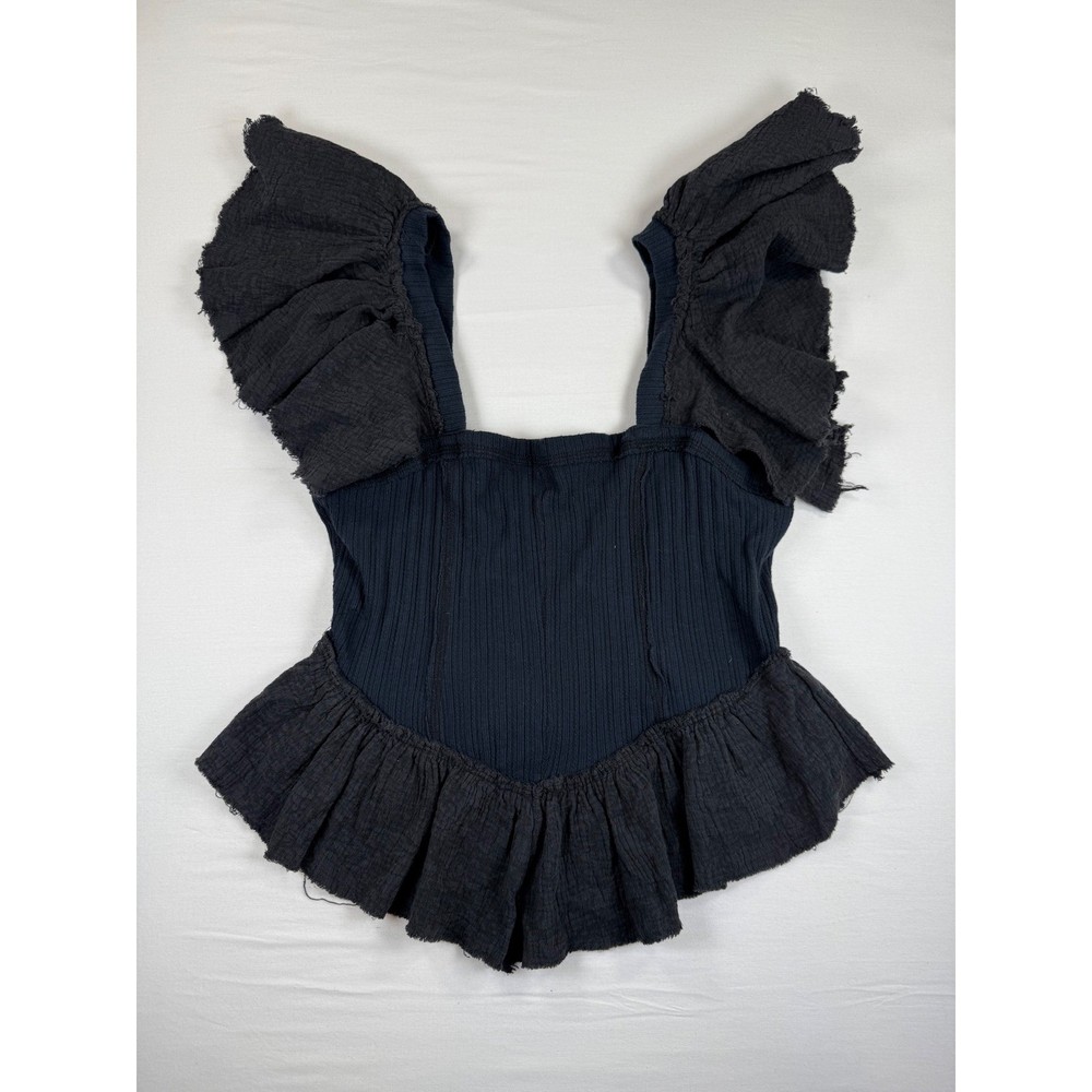 Free People Black Ribbed Ruffle Sleeve Peplum Corset Top Womens Medium