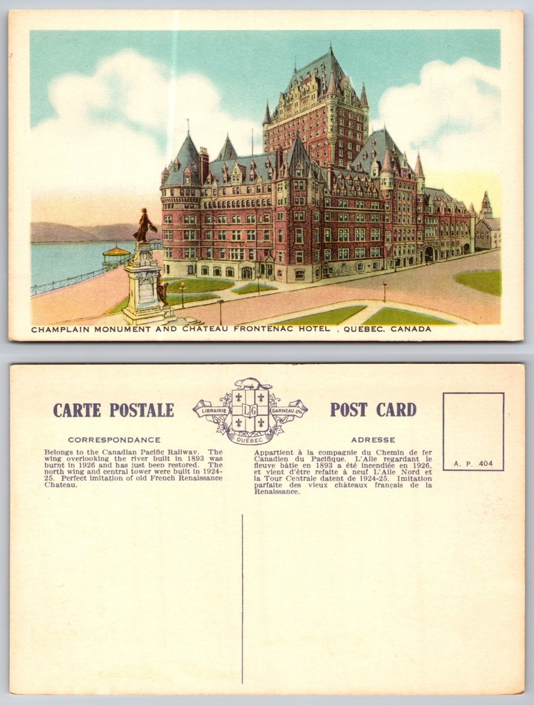 Champlain Monument Chateau Frontenac Hotel Quebec Canada Postcard