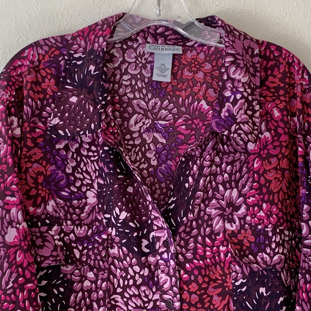 Maggie Barnes For Catherines Women’s Button Up 3/4 Sleeve Purple Floral Top 4X