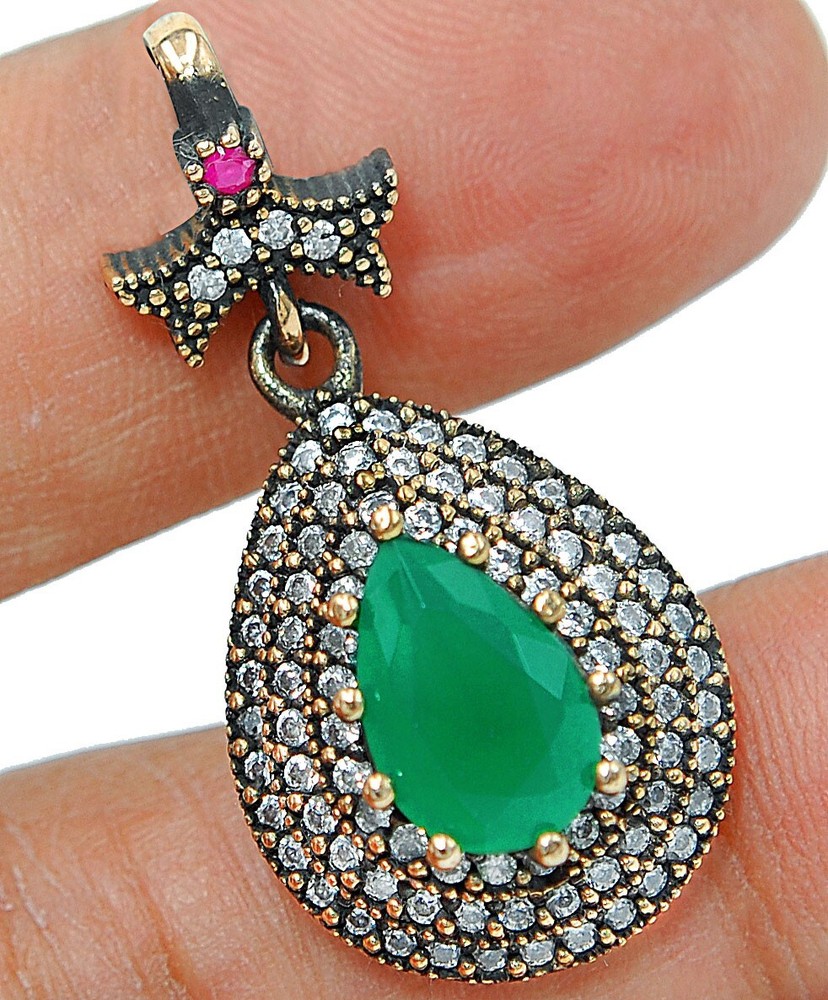 Ottoman Empire Inspired 8CT Treated Emerald 925 Sterling Silver Pendant S2423