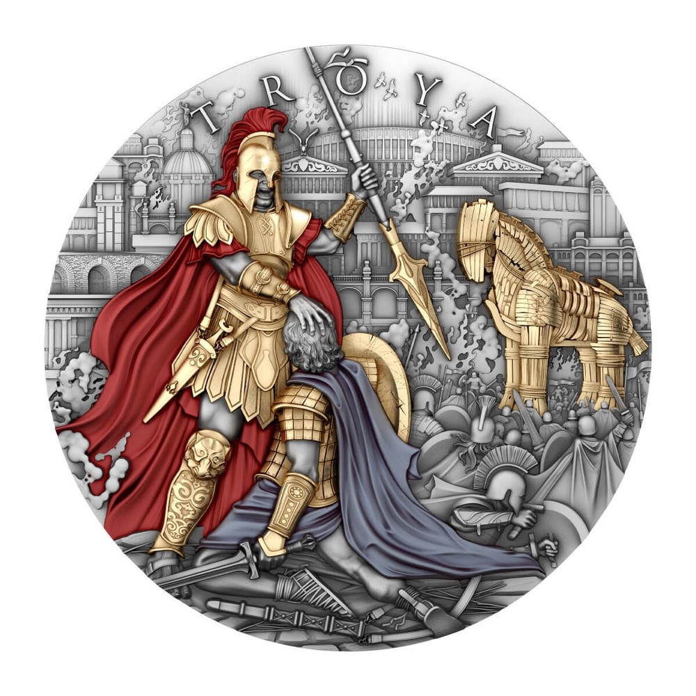 2024 Niue Troya 2 oz Silver Antiqued Gilded High Relief Coin