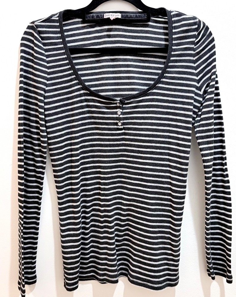 Juicy Couture Striped Henley Top Medium Black/White Y2K Style Bella Swan Preppy