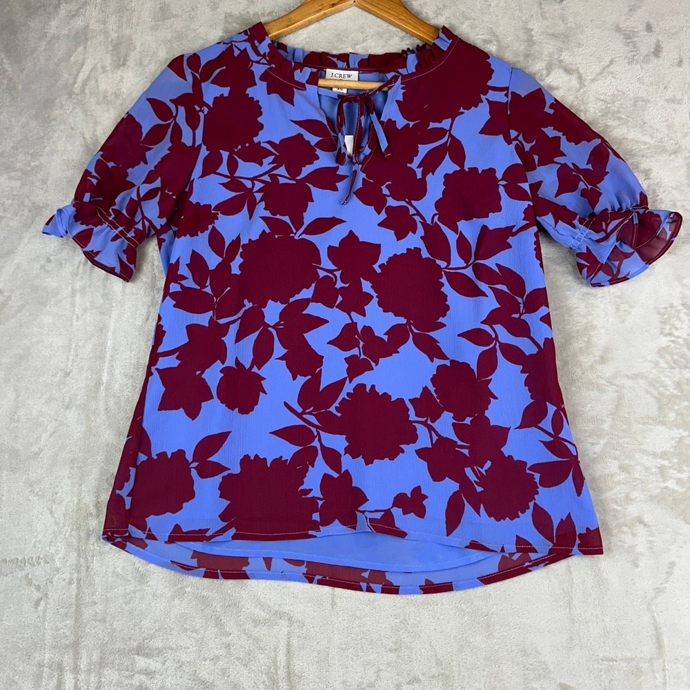 J. Crew Floral Print Ruffle Sleeve Tie Neck Blouse Top XS Fall leaves