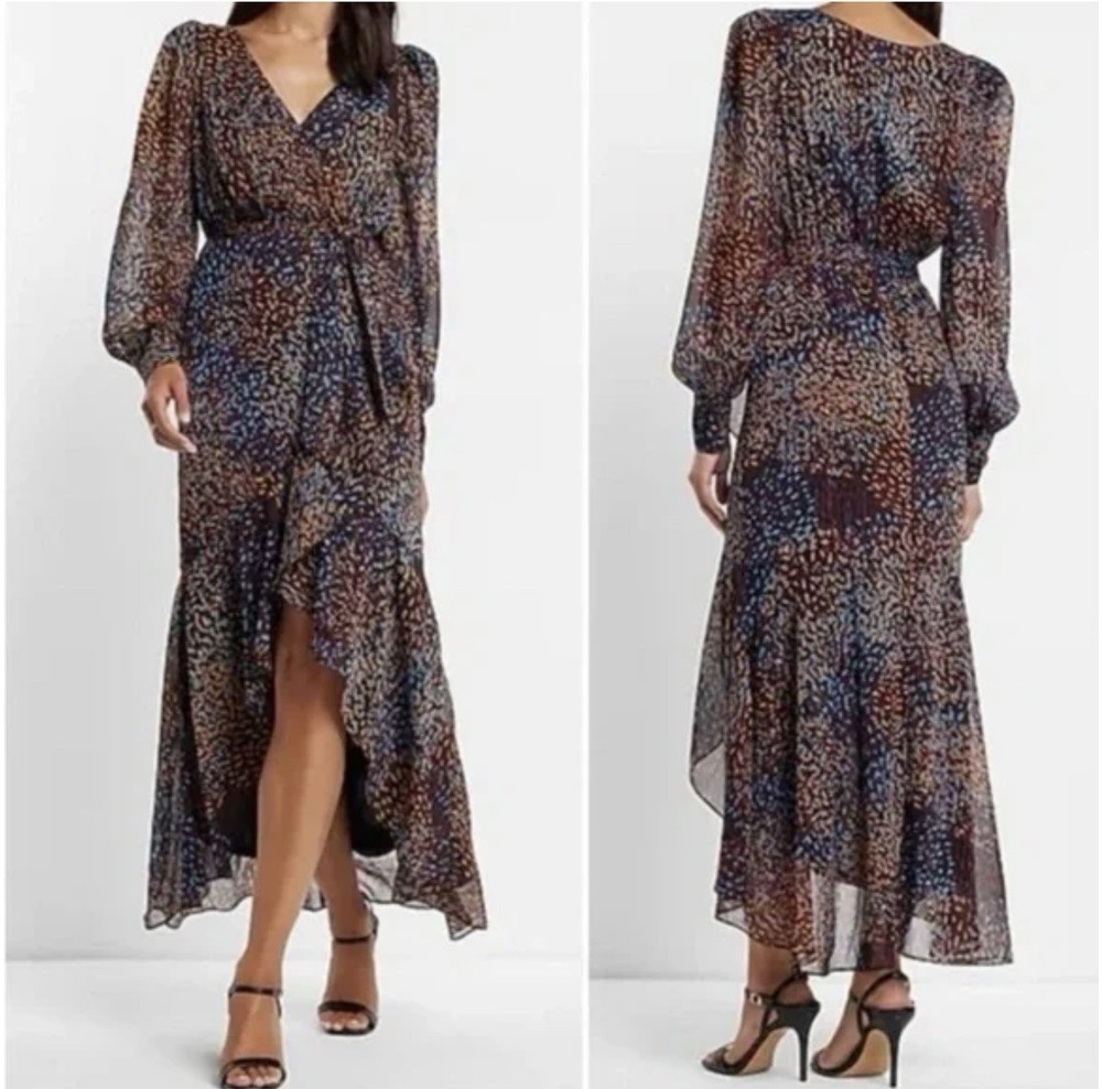 Express High Low Dress Long Sleeve Size XS Color Black Burgundy Light Brown