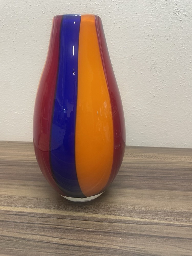 Murano Style Striped Art Glass Vase in Blue & Orange & Red Tones 9”. READ.