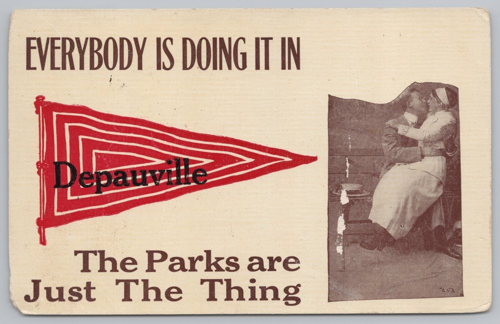 State View~Couple On Bench Parks Are Just The Thing Depauville~Vintage Postcard