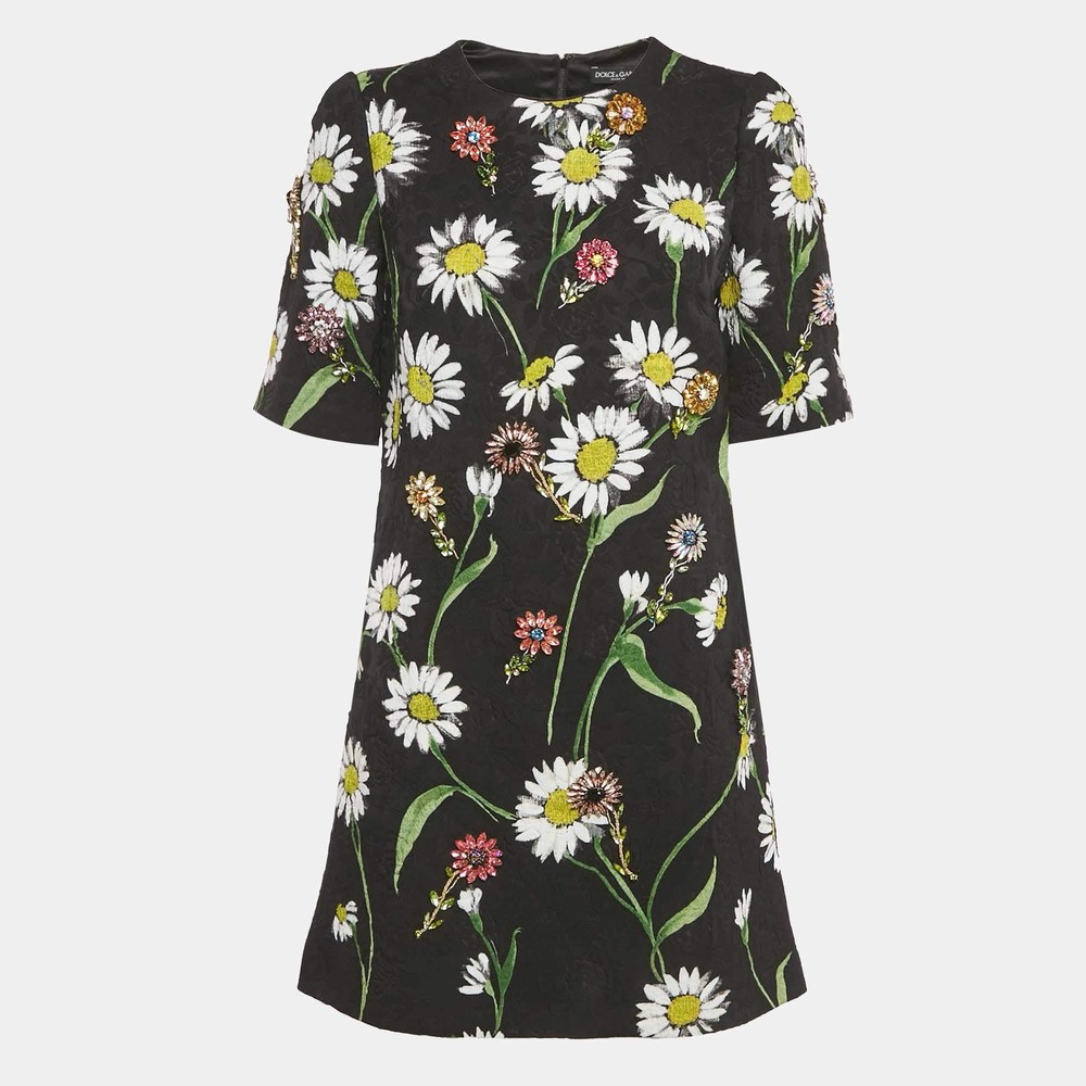 Dolce Gabbana Black Floral Jacquard Crystal Detail Mini Dress M