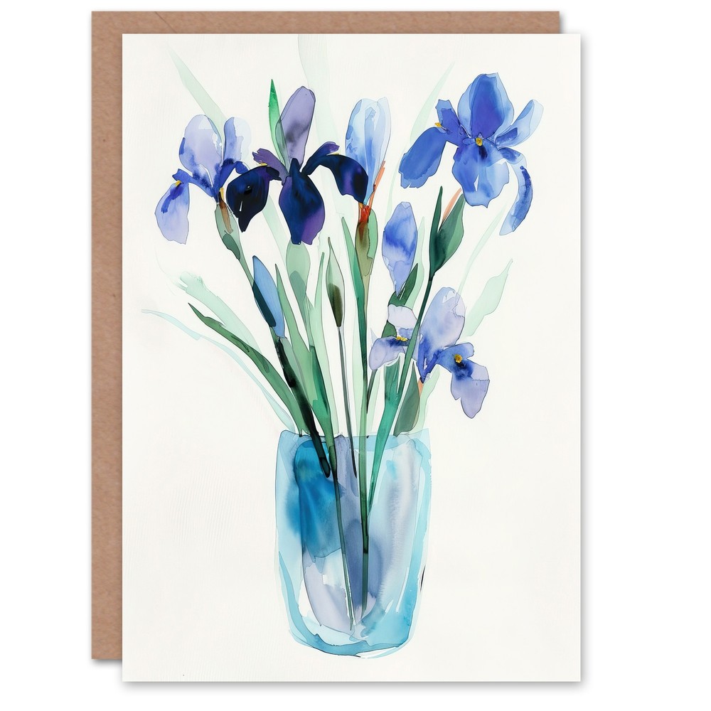 Greeting Card Blue Iris Flower Bouquet Vase Floral Watercolour Birthday