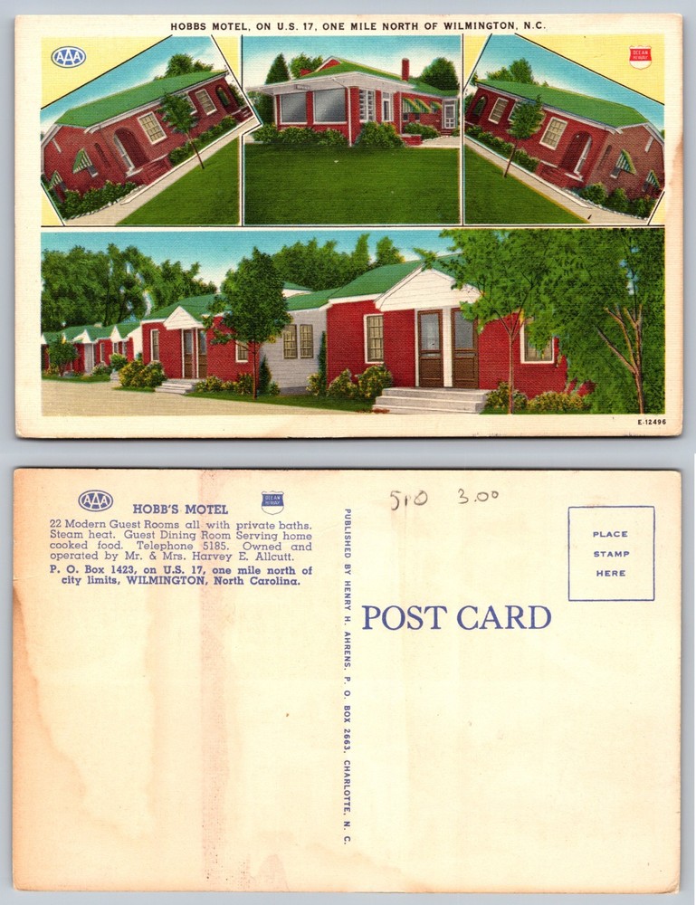 Hobbs Motel Wilmington North Carolina Postcard