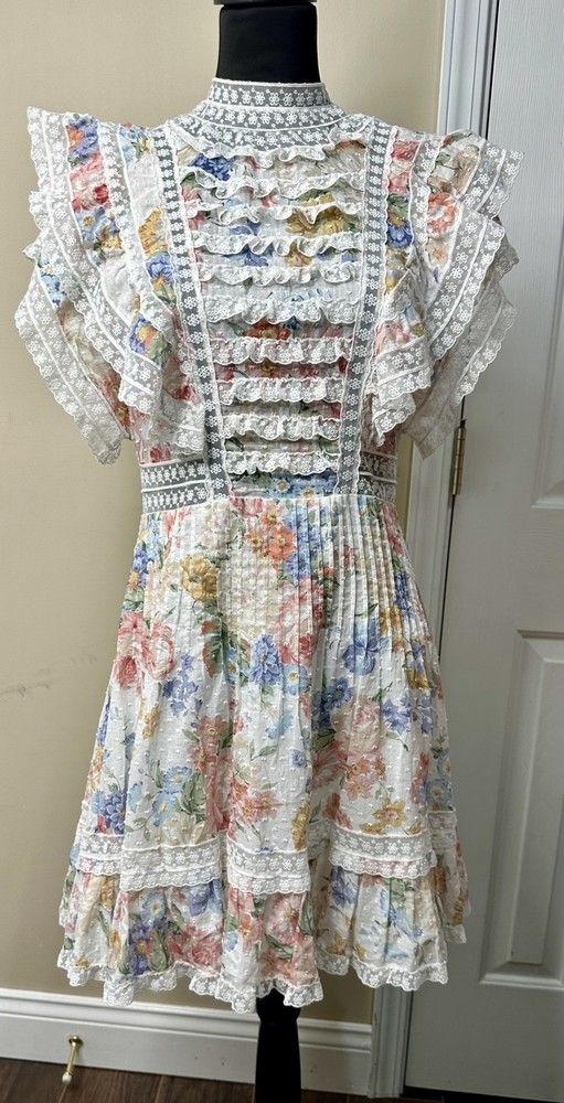 Zimmermann Bowie Frill Neckline in Cream Floral Ruffles Mini Dress AU 3 US 10