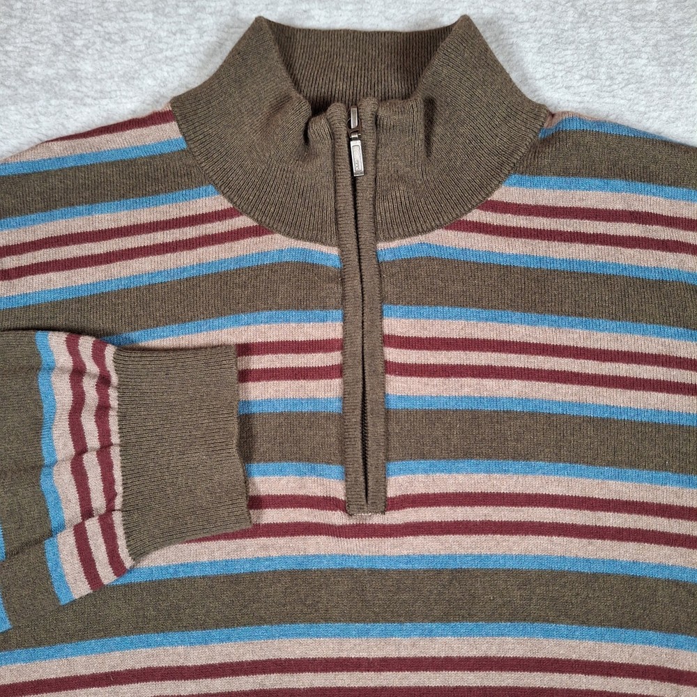 LL Bean 1/4 Zip Sweater Men XL Green Burgundy Blue Stripe Cotton Cashmere