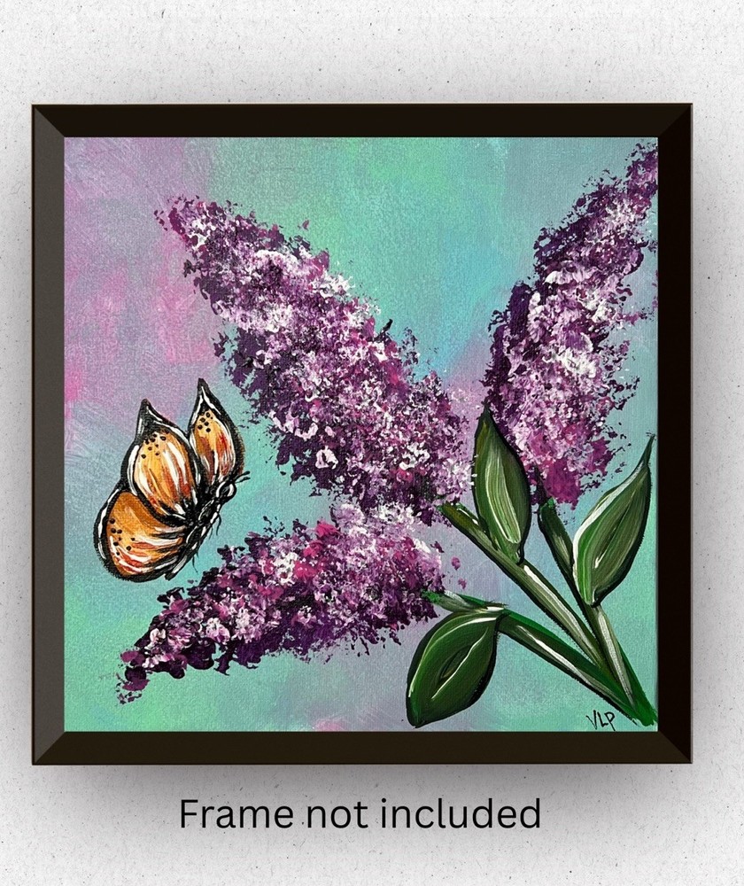 Butterfly Spring Purple Lilacs Floral VLP Original Acrylic 8x8” Canvas Panel