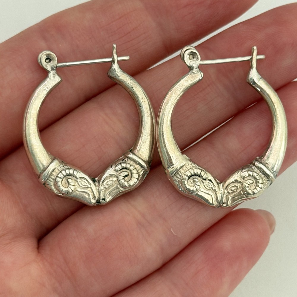 Vintage 925 Sterling Silver Ram Head Hoop Earrings