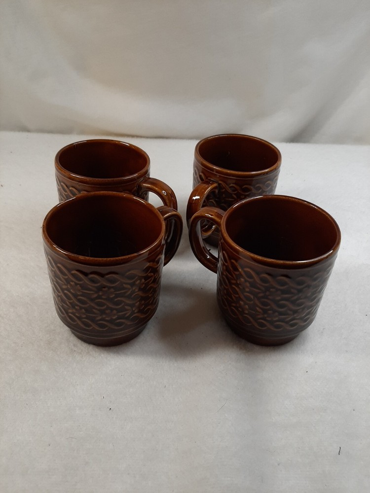 Stacking Vintage Ceramic Coffee Tea Cups Mugs Brown Glaze Made in JAPAN Set 4
