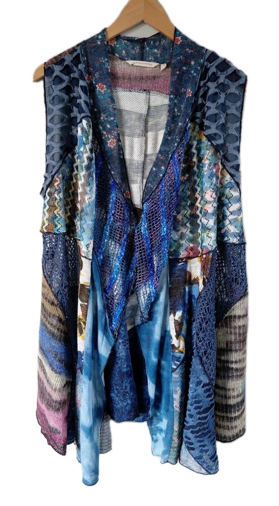 Soft Surroundings XL Open Waterfall Cardigan Vest Mixed Media Patchwork Boho Art