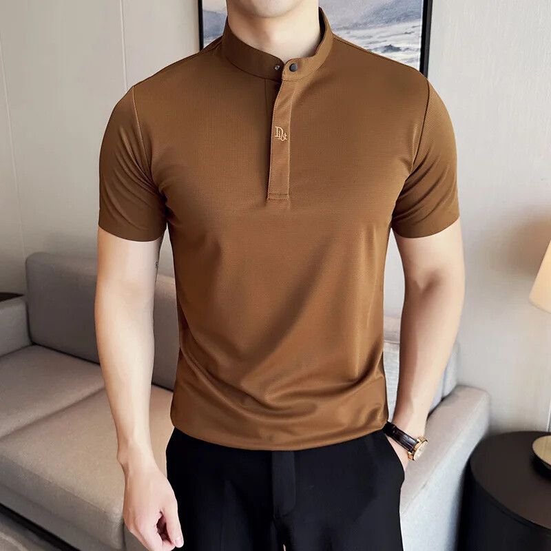 Men's Slim Fit Stand Collar Summer Tee Solid Color Casual Short Sleeve Shirt