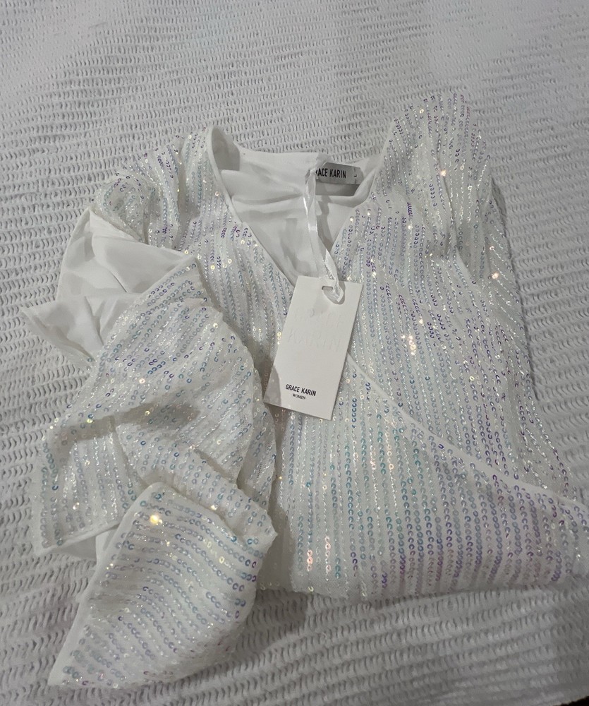 New Grace Karin Womens Sparkly Sequin Top 3/4 Sleeve Glitter Party Blouse  Large