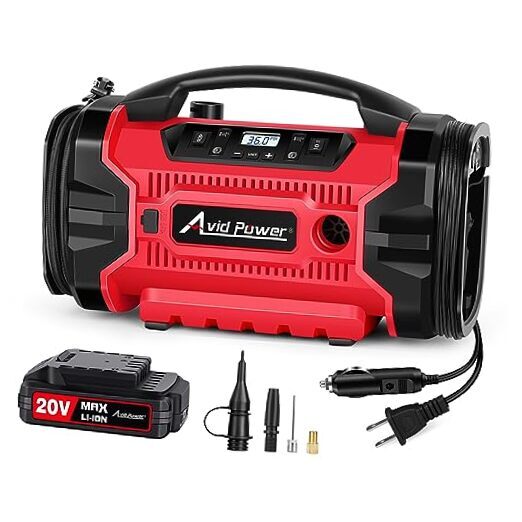 Tire Inflator Portable Air compressor, 3 Power Source (110V AC,12V DC, 20V
