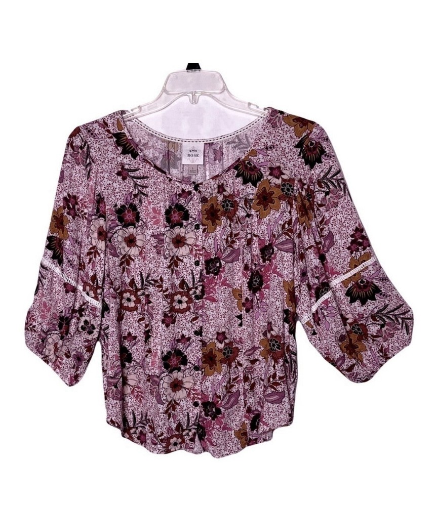 Knox Rose ROSE Floral Button Blouse Rayon Pink Brown White 3/4 Sleeve Women M