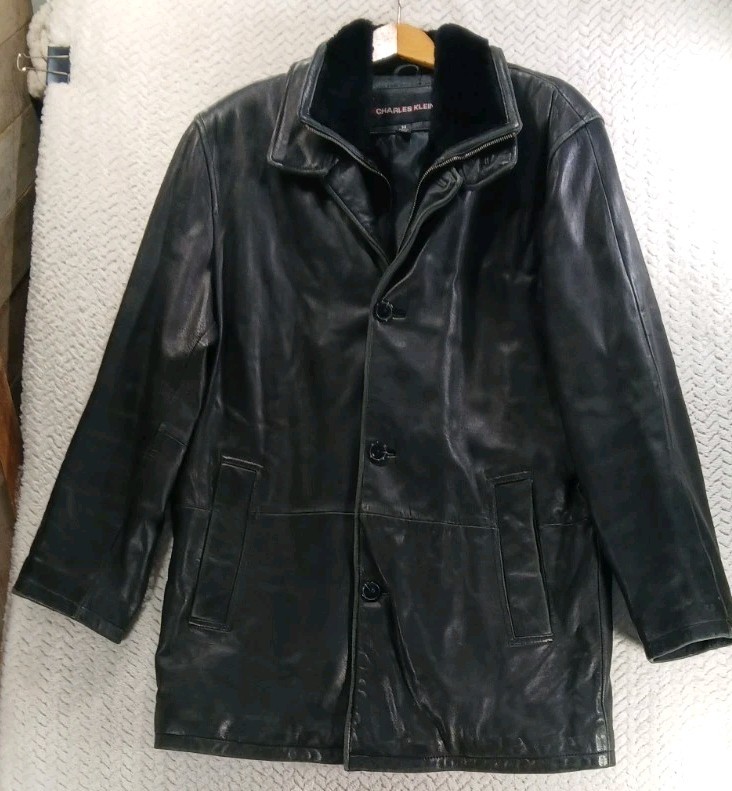 Vintage Charles Klein Black Leather Jacket Lambs Fur Mens Med Blazer Moto Coat