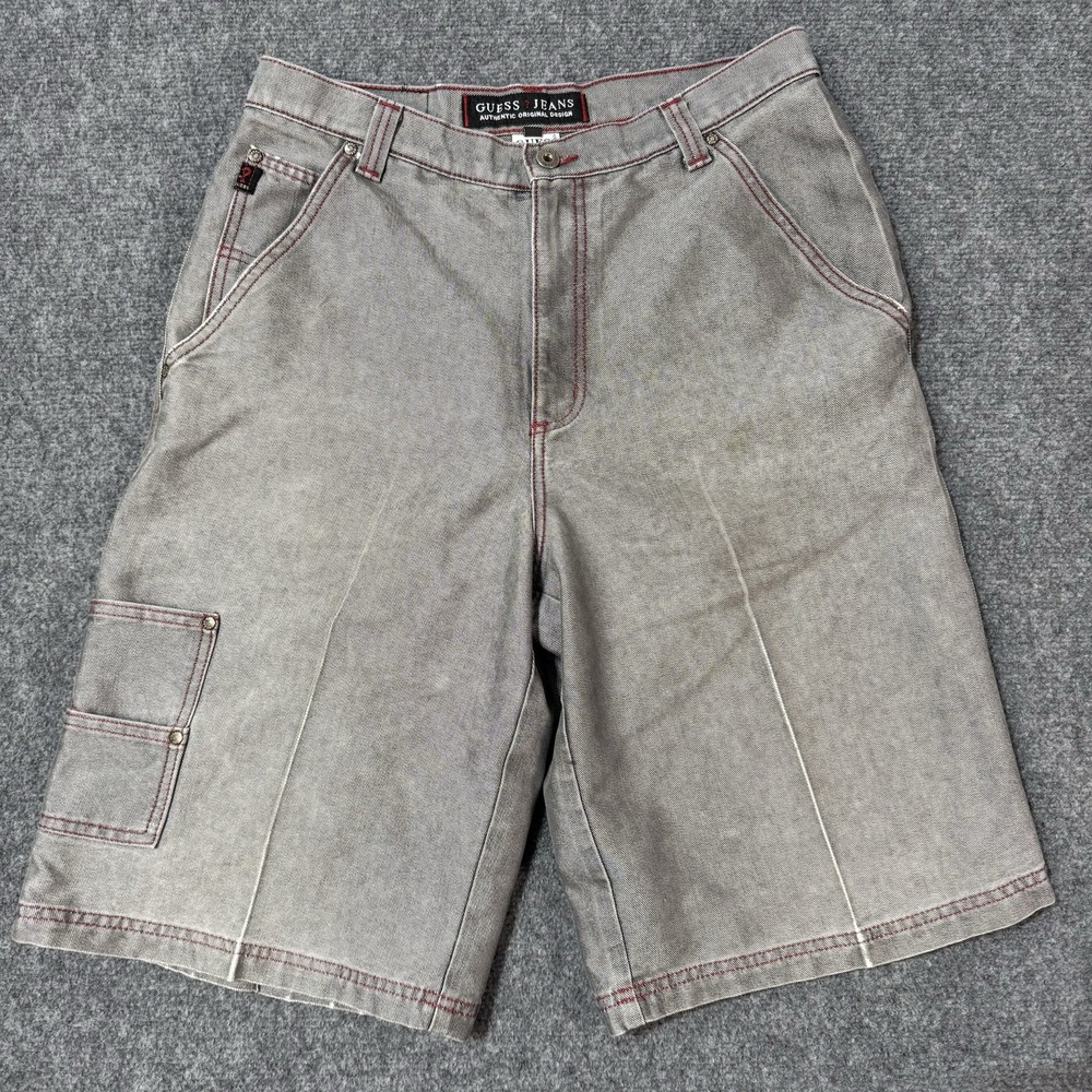 👖 Vintage Guess USA Carpenter Shorts Mens 33 Gray Red Stitch Baggy 90s Street