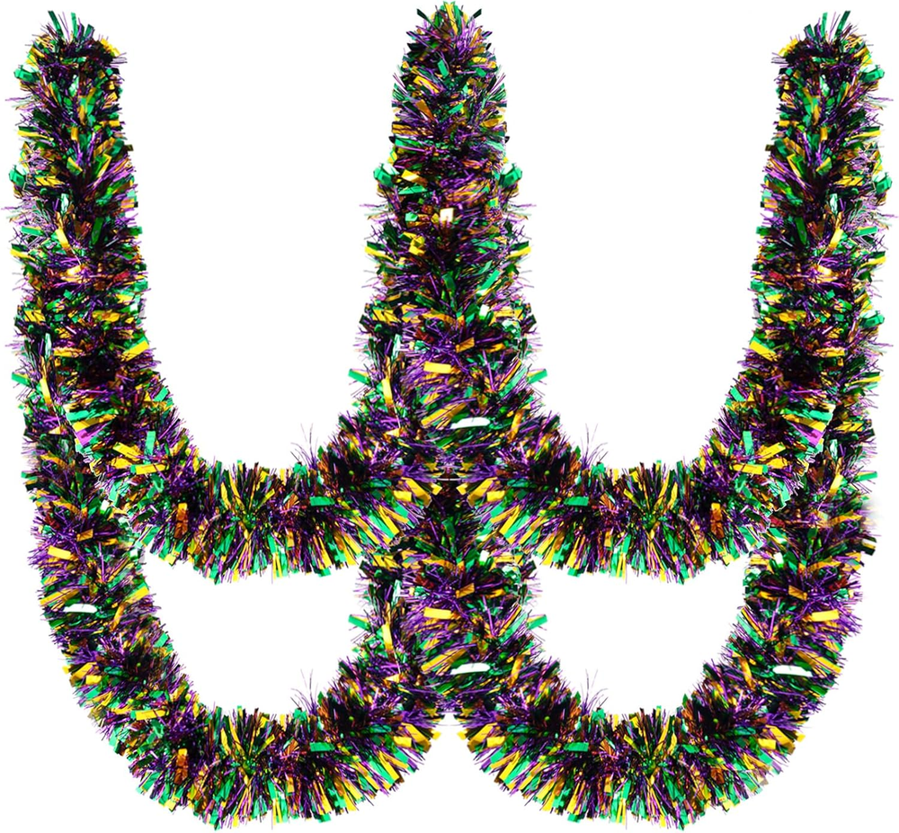 33FT Mardi Gras Tinsel Garland Purple Green Gold Metallic Twist Foil Tinsel Garl