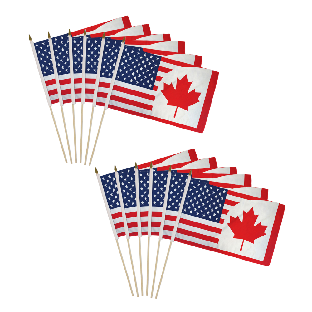 Set of 12pc USA/Canada Combo 12x18in Handheld Flags Canadian America Stick Flags