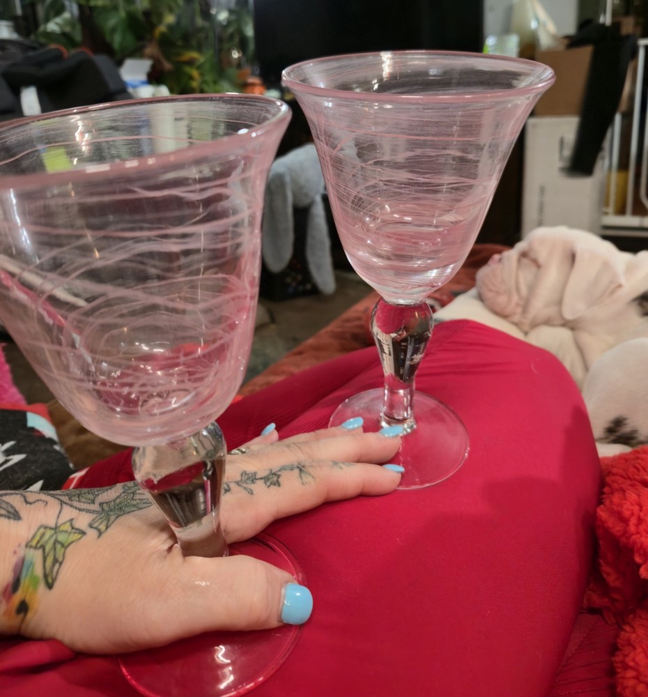 (2) Artland Iris PINK Swirled Hand Blown Water/Wine Goblets Glasses 8” Tall