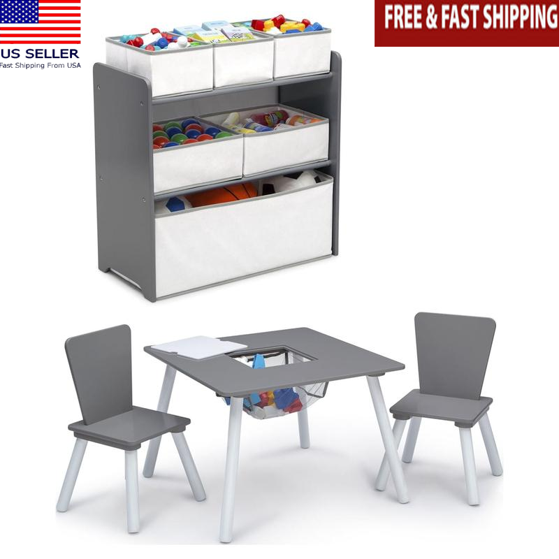 4-Piece Toddler Playroom Set Table Chairs Toy Organizer Kids Furniture New